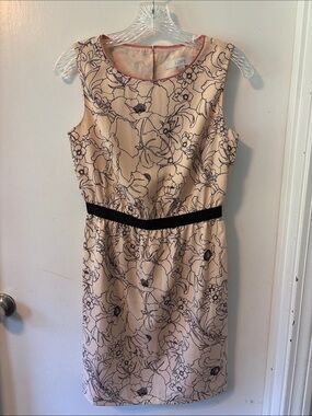 LOFT Pale Pink Floral Sheath Dress with Black Waist Trim